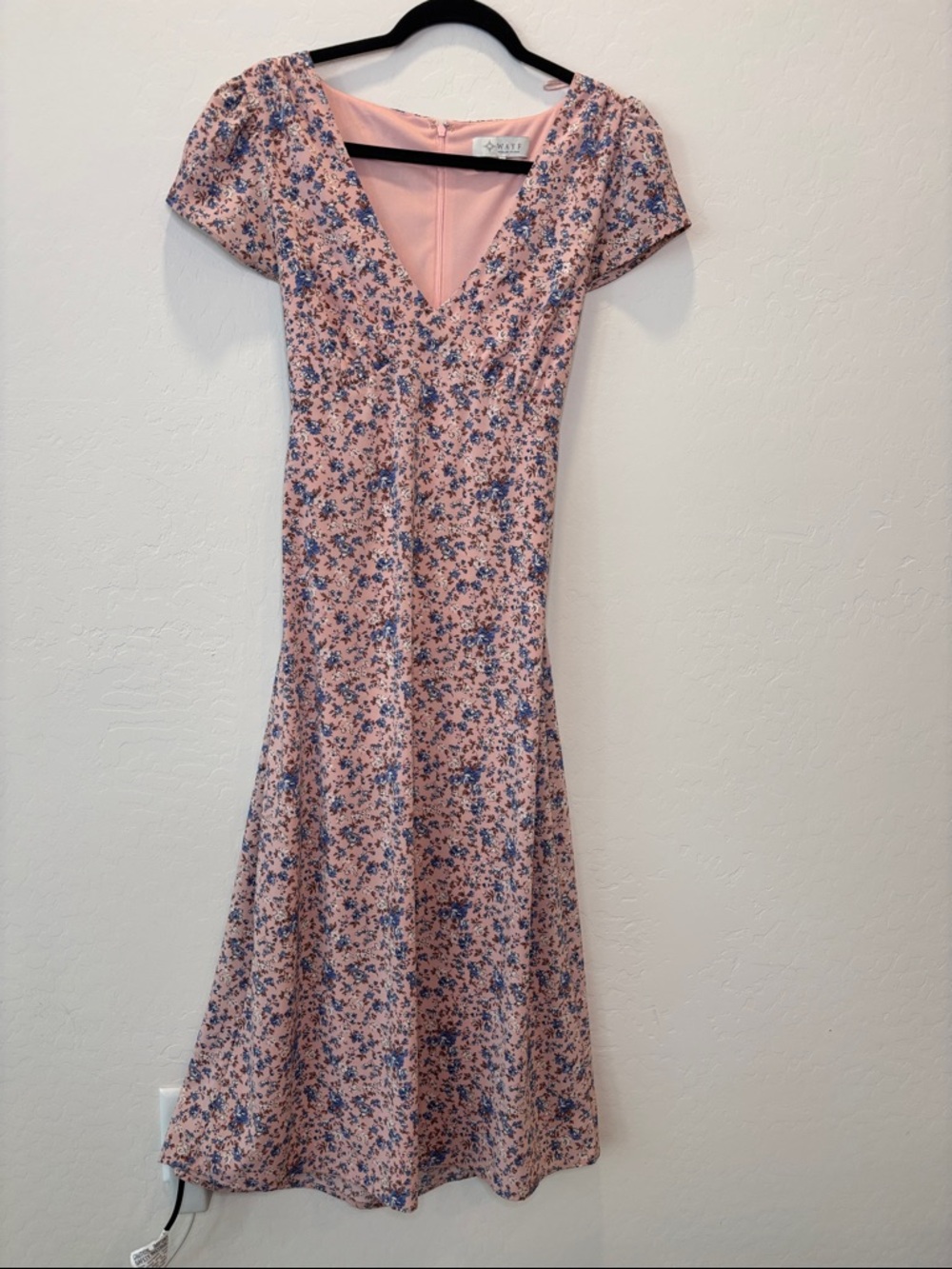 Wayf Pink Floral V-Neck Midi Dress with Blue Print